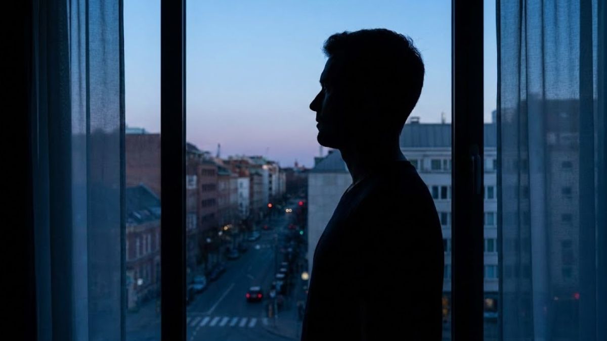 A man's silhouette looking out a window at a city street at twilight, representing hypervigilance and insomnia.