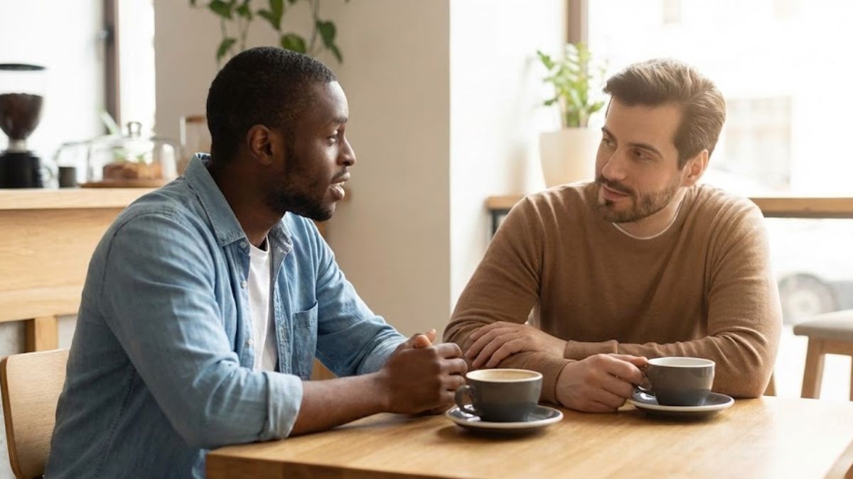 Two men sit at a cafe table having a supportive conversation over coffee, representing breaking the silence surrounding job loss.