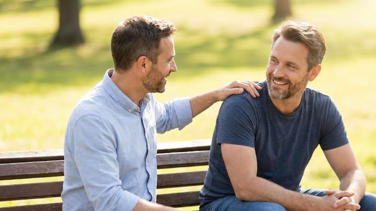 A candid photograph of two men on a park bench, one smiling warmly with his hand on the other's shoulder, conveying support and friendship.