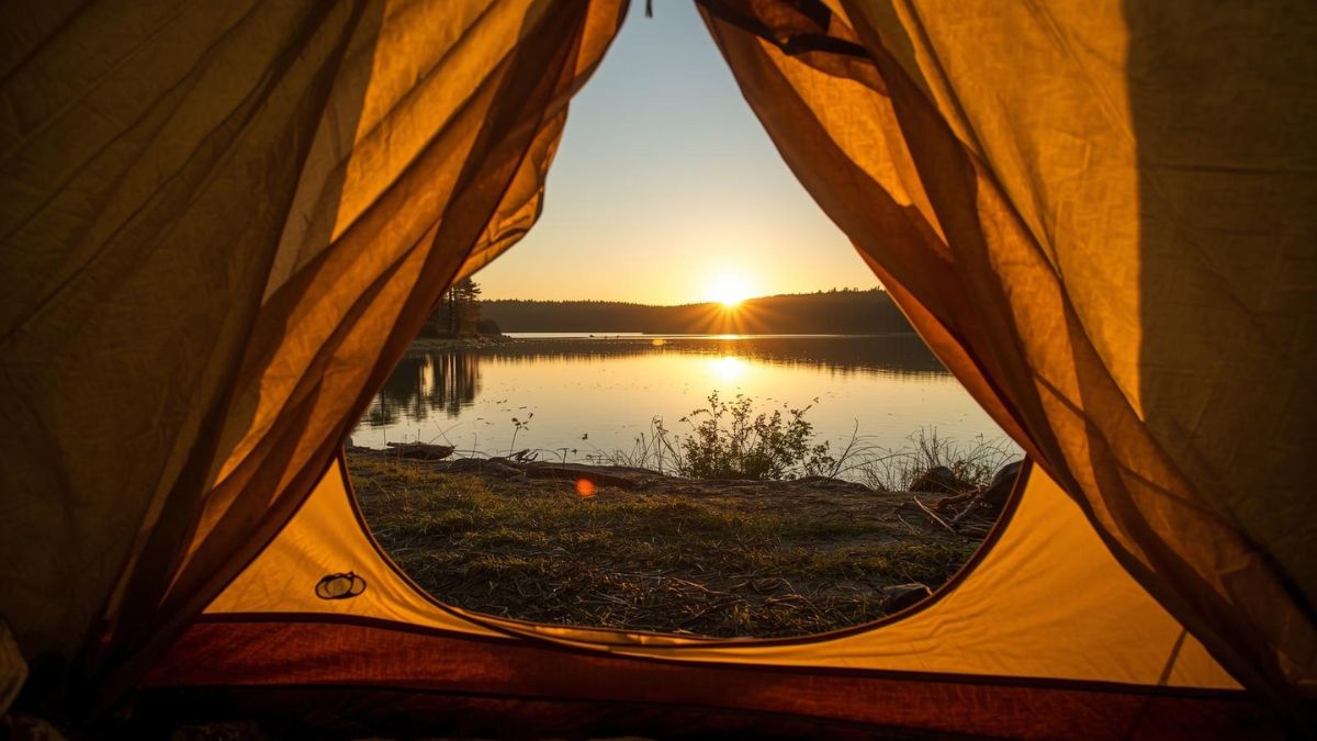 A view of a sunrise over a lake seen from inside a camping tent.