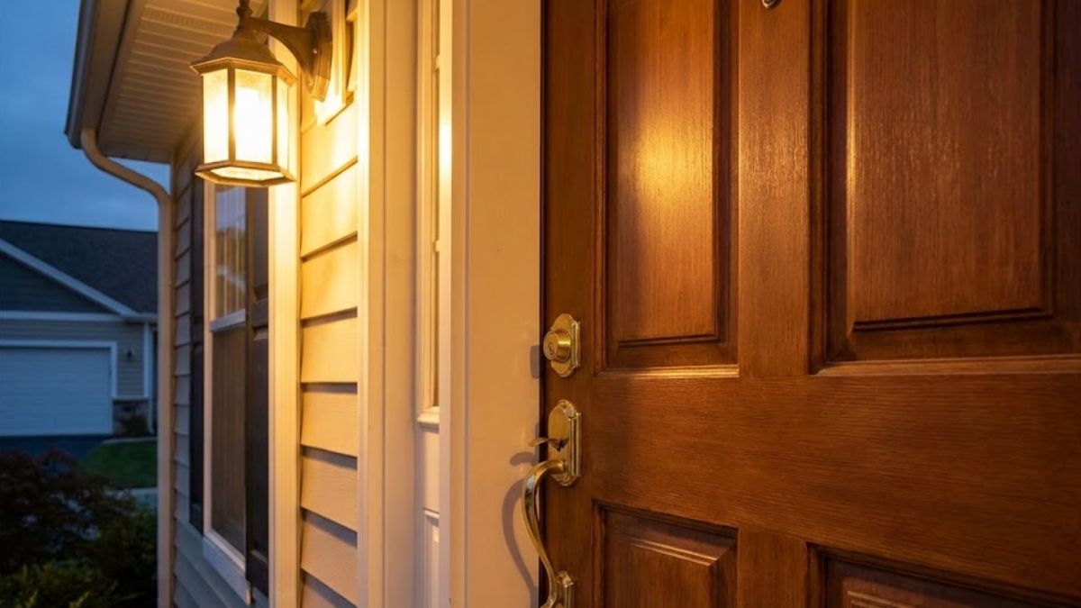 A close-up photograph of a solid wooden front door with a secure lock, bathed in warm, welcoming light from a porch lantern at dusk.