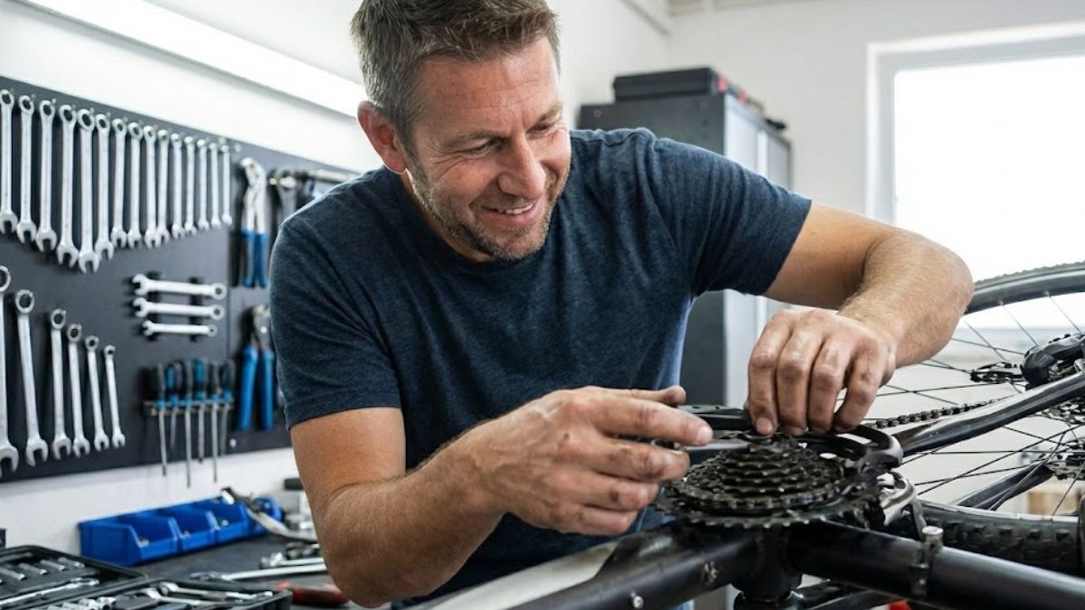A smiling man in a workshop actively engaged in repairing a bicycle engine with tools, demonstrating stress relief through hands-on, focused activity rather than passive rest.