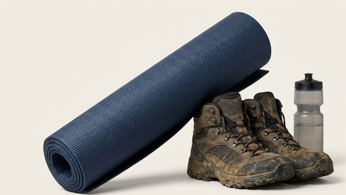 A yoga mat leaning against rugged hiking boots symbolising yoga for men.