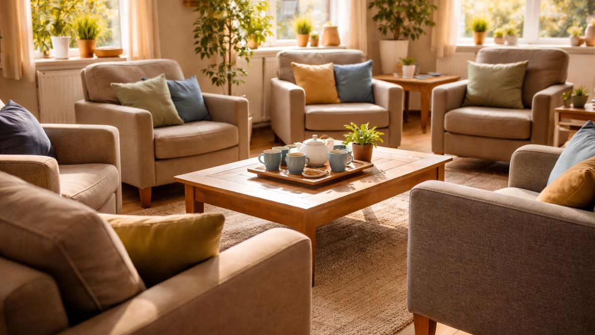 A welcoming room with comfortable chairs set up in a circle around a coffee table with a teapot.