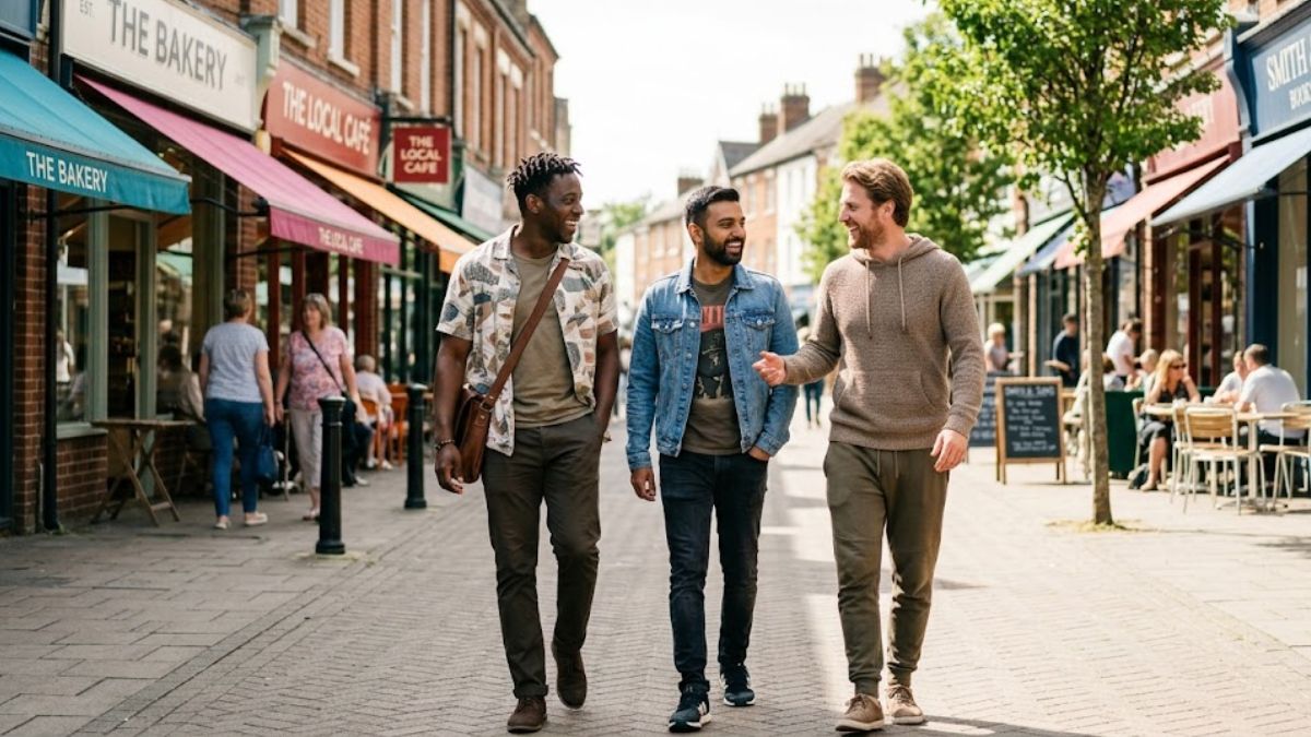 Three men walking shoulder-to-shoulder down a sunny street, laughing and talking as friends.