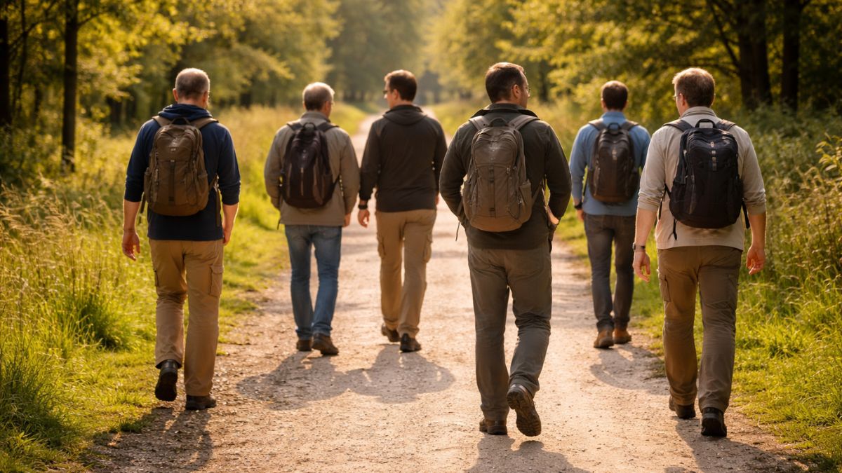 A man looking thoughtfully into a bathroom mirror.