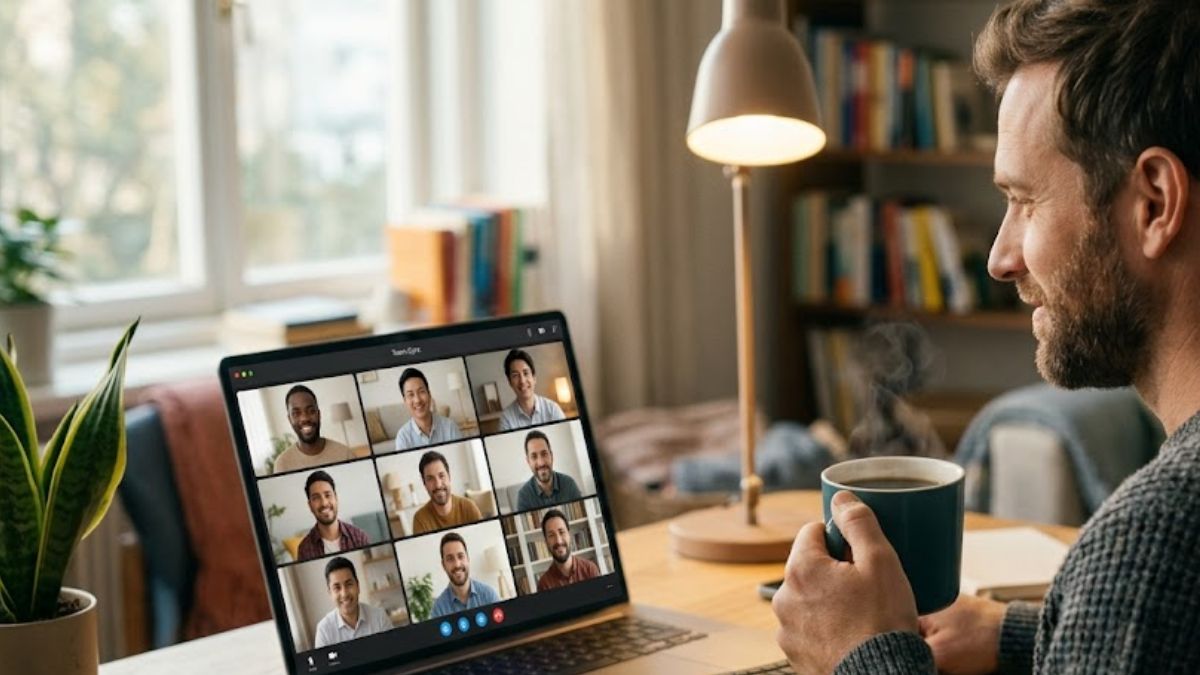 A man at home looking at his laptop participating in a supportive video call with other men.