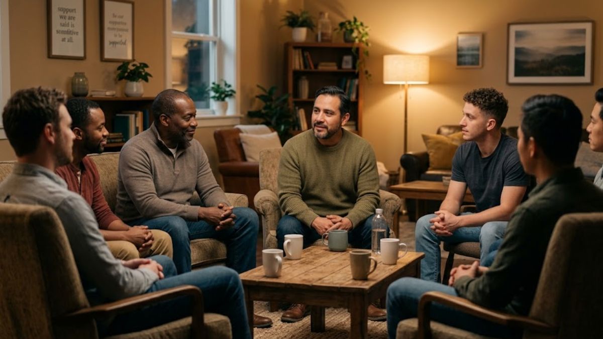 A group of men sitting in a circle listening to each other in a supportive environment.