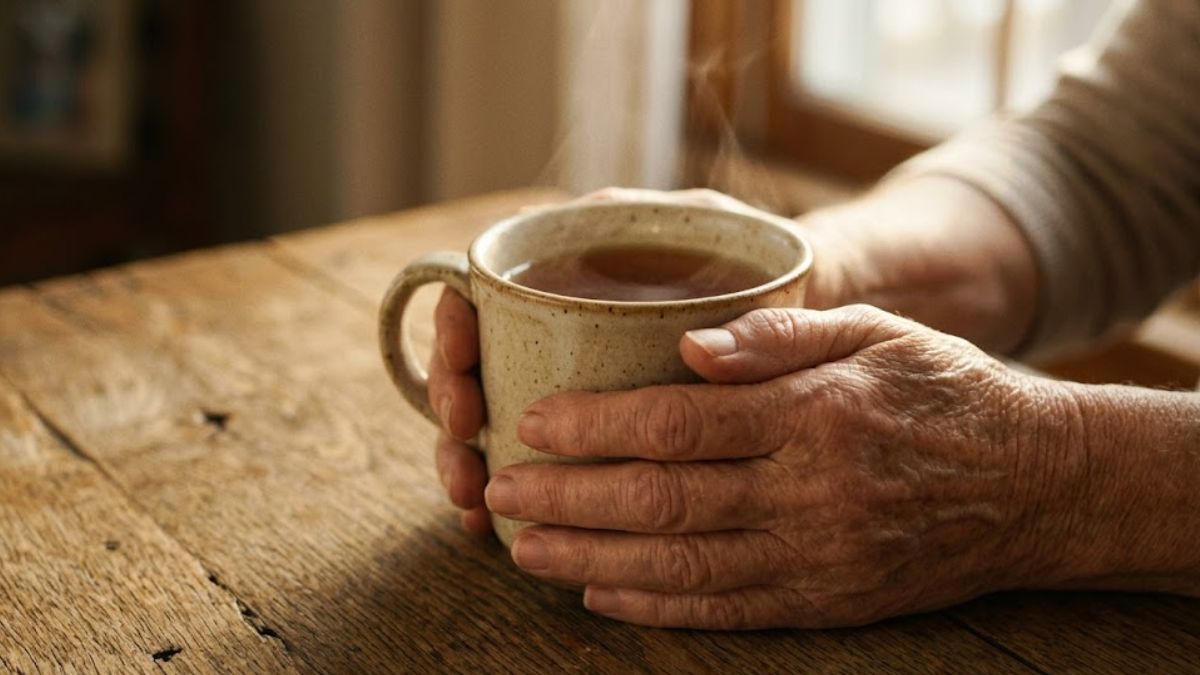 A close-up of a person's hands comfortably holding a steaming mug of tea on a wooden table.