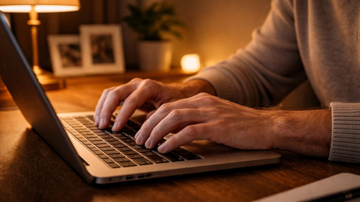 A person's hands resting on a laptop keyboard in a cozy room lit by a warm desk lamp.