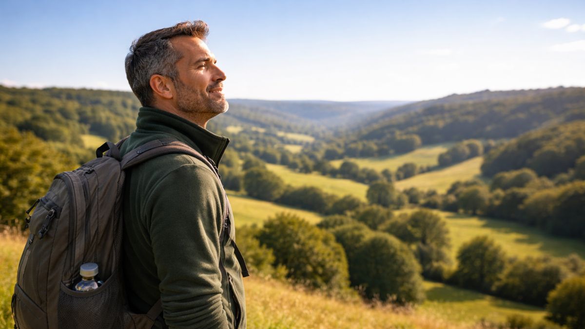 A relaxed man standing on a grassy hill, taking a deep breath while looking out over a peaceful valley.