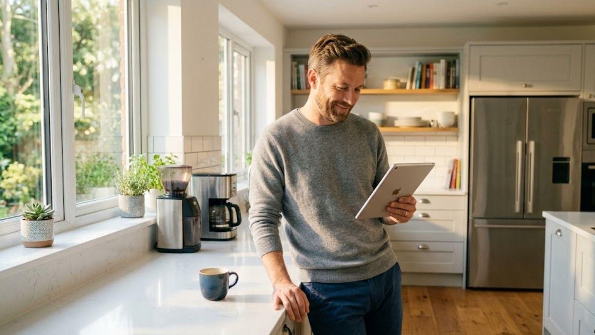 A relaxed man standing in his kitchen in the morning light, smiling comfortably while looking at a tablet.