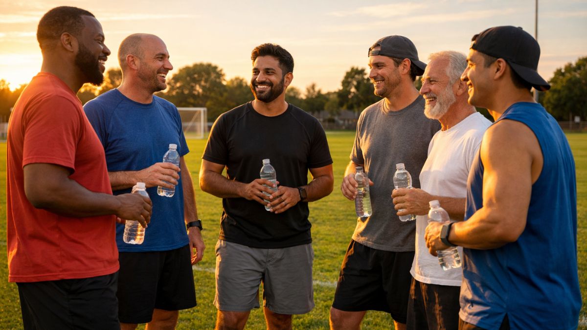 A group of men standing together on a football pitch, chatting and smiling in a relaxed environment.