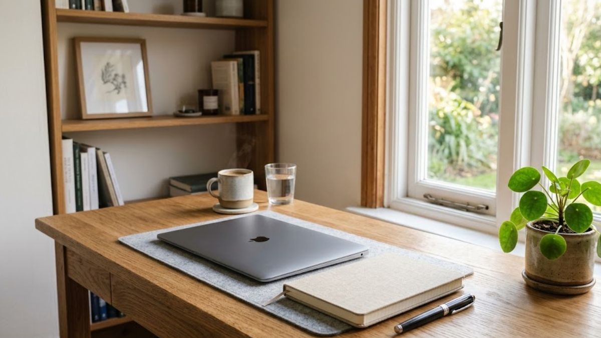 A tidy wooden desk featuring a closed laptop, a notebook, and a small green plant in natural light.