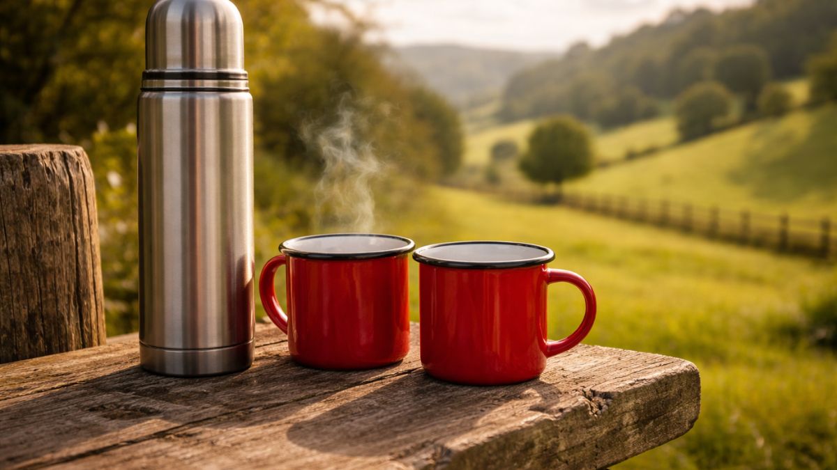 A thermos flask and two steaming mugs of tea resting on a wooden stile in the green countryside.