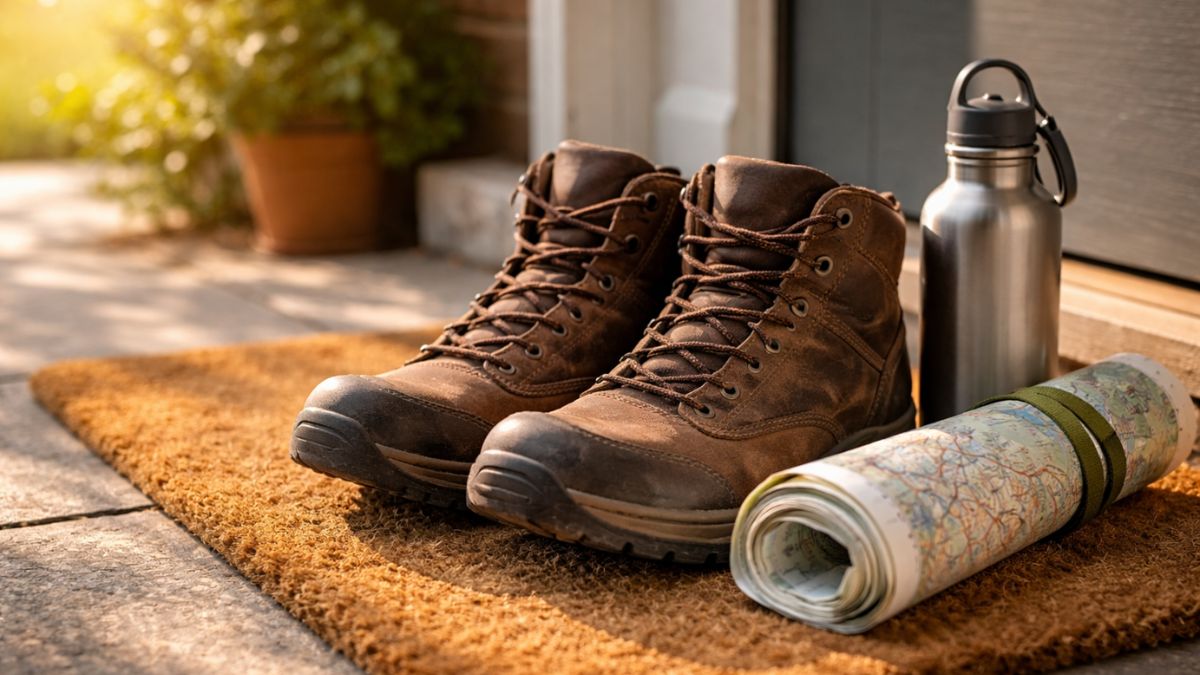 Sturdy leather walking boots resting next to a map and water bottle on a sunny front porch.